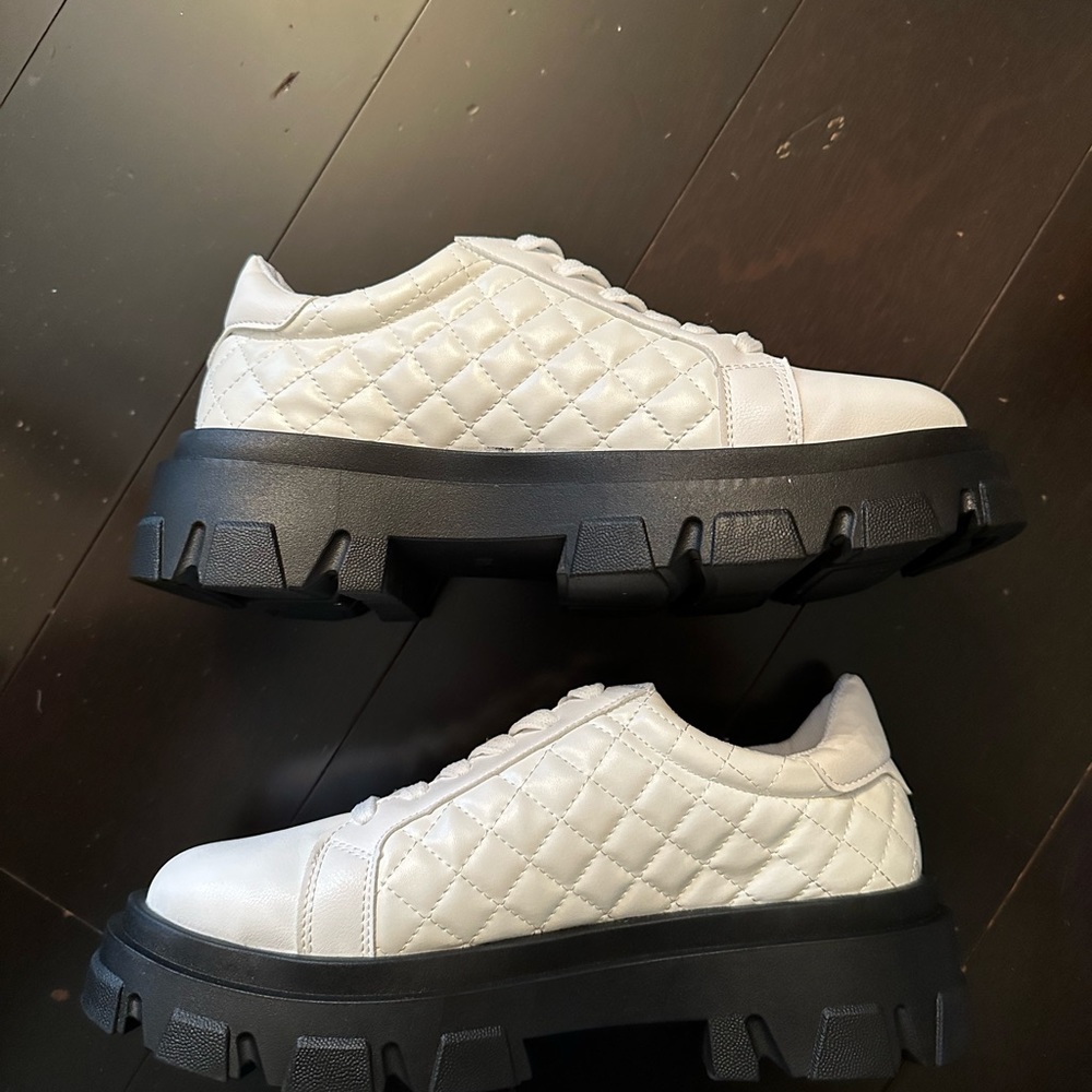 White Quilted Black Chunky Platform Shoes Sneakers-42
